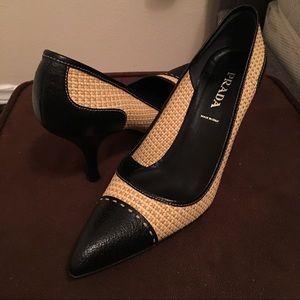 Prada Straw Black Toe Cap Kitten Heels